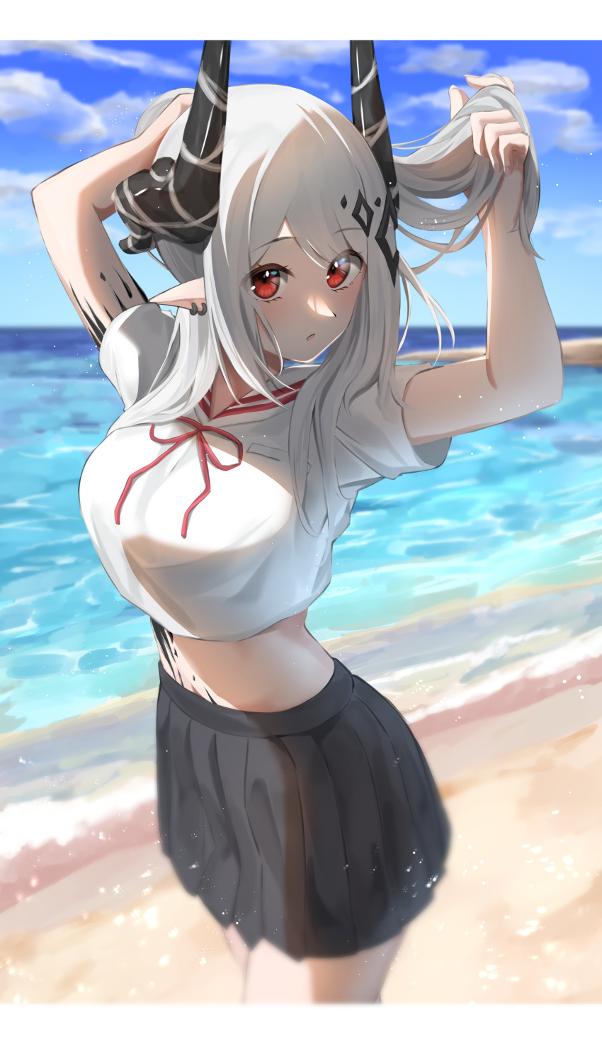 1girl :o absurdres alternate_costume alternate_hairstyle arknights arms_up beach black_skirt blue_sky breasts commentary_request cowboy_shot crop_top day earrings grey_hair heimu_(heim_kstr) highres horizon horns jewelry large_breasts letterboxed long_hair looking_at_viewer miniskirt mudrock_(arknights) navel neck_ribbon ocean oripathy_lesion_(arknights) outdoors parted_lips pleated_skirt pointy_ears ponytail red_eyes red_ribbon ribbon shirt short_sleeves skirt sky solo tying_hair water white_shirt