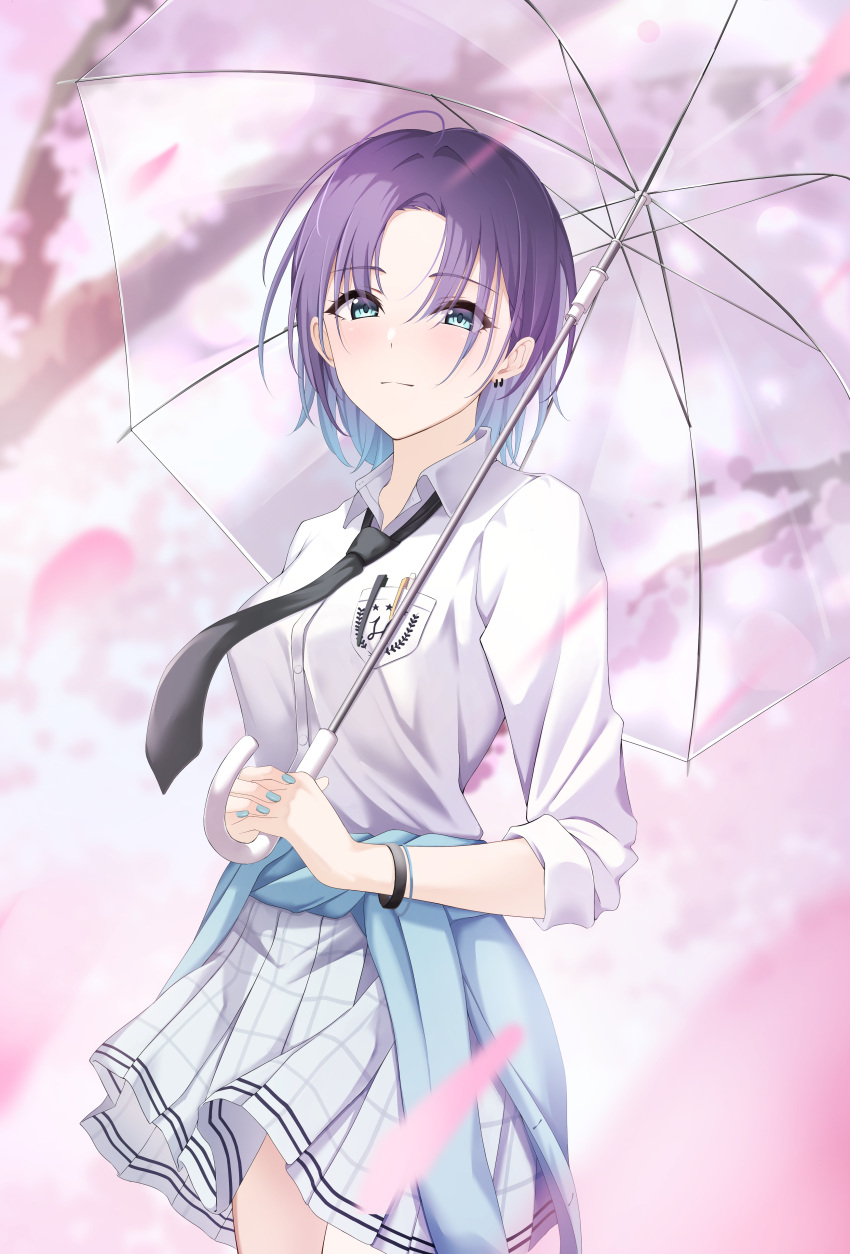 1girl absurdres asakura_tooru bangs blue_hair blurry blurry_background blurry_foreground blush breasts cardigan cardigan_around_waist cherry_blossoms clothes_around_waist depth_of_field earrings falling_petals gradient_hair highres holding holding_umbrella idolmaster idolmaster_shiny_colors jewelry light_smile looking_at_viewer loose_necktie medium_breasts multicolored_hair nail_polish necktie open_collar own_hands_together parted_bangs petals plaid plaid_skirt pleated_skirt purple_hair school_uniform skirt sleeves_rolled_up solo transparent transparent_umbrella umbrella wristband yuro_(7_yuro)