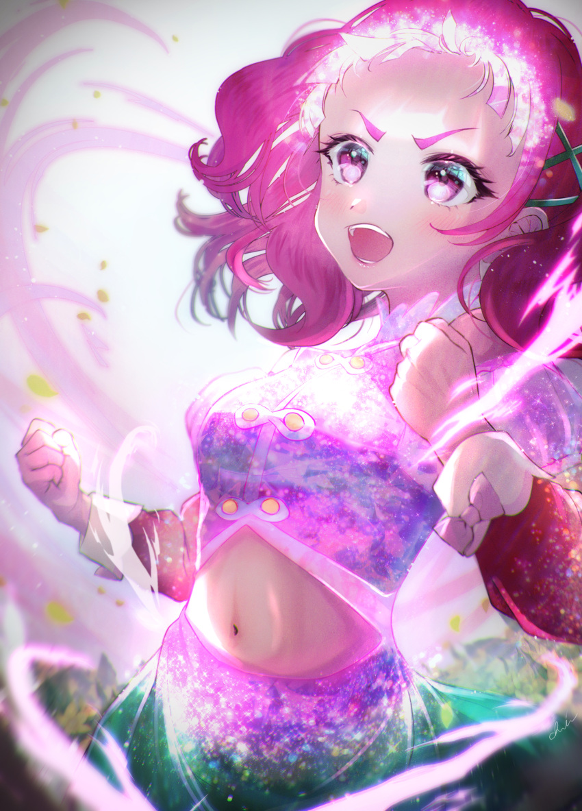 1girl absurdres clenched_hands crop_top cure_yell floating_hair green_skirt hair_ornament henshin highres hugtto!_precure long_hair long_sleeves midriff minccino7 navel nono_hana open_mouth pink_eyes pink_hair precure skirt solo stomach x_hair_ornament
