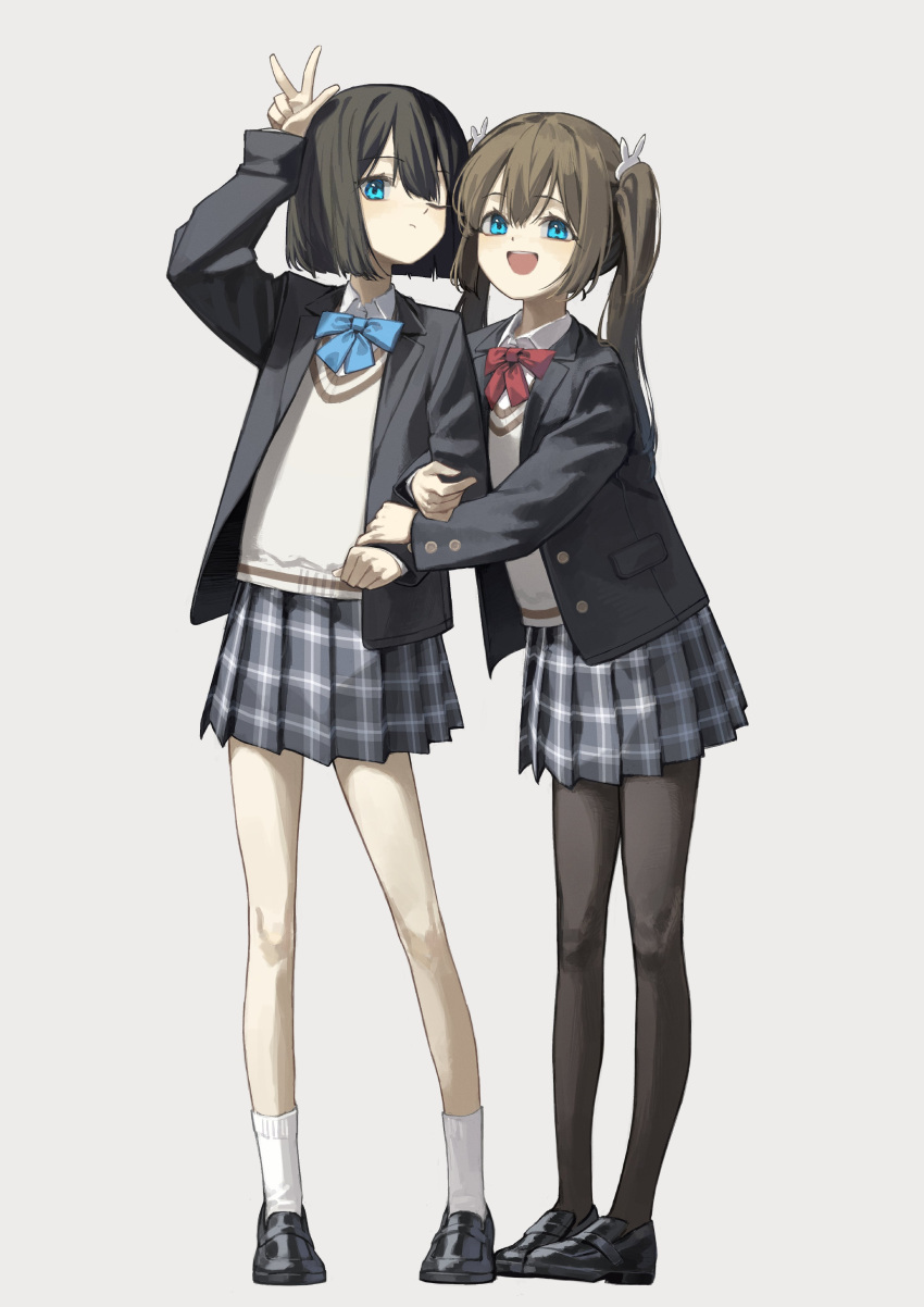 2girls absurdres arm_hug arm_up bangs black_footwear black_jacket black_legwear black_skirt blue_bow blue_bowtie blue_eyes bow bowtie brown_hair closed_mouth commentary full_body grey_background highres jacket loafers long_hair long_sleeves looking_at_viewer multiple_girls one_eye_closed open_clothes open_jacket open_mouth original pantyhose plaid plaid_skirt pleated_skirt red_bow red_bowtie school_uniform shoes short_hair simple_background skirt smile socks sweater symbol-only_commentary twintails w white_legwear white_sweater yoon_cook
