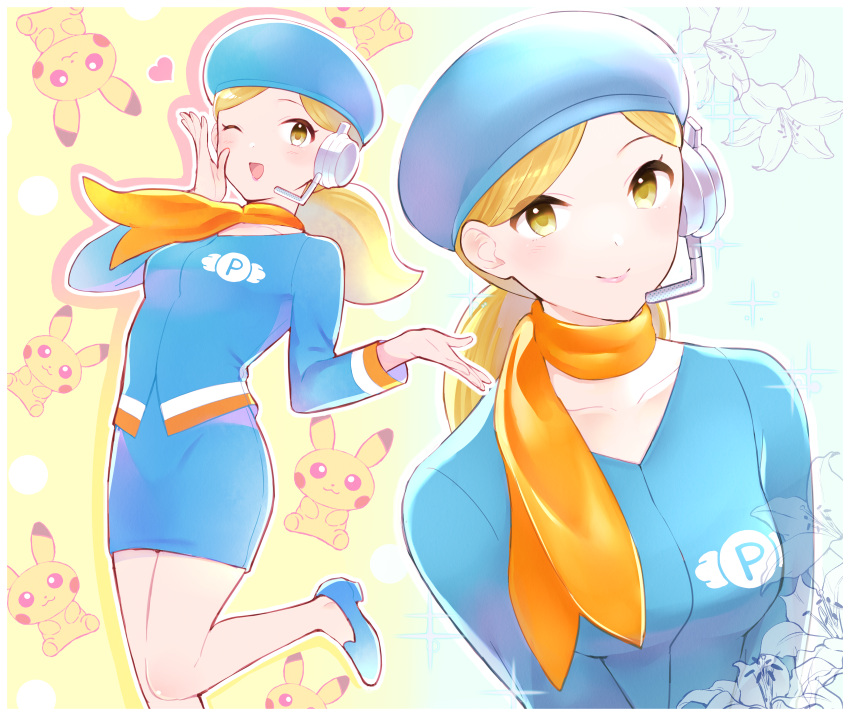 1girl ;d absurdres anna_(pokemon_battle_revolution) blonde_hair blue_footwear blue_headwear blue_shirt blue_skirt blush closed_mouth commission commissioner_upload eyelashes hand_up hat headset heart high_heels highres leg_up logo long_hair long_sleeves looking_at_viewer multiple_views non-web_source one_eye_closed orange_scarf pikachu pokemon pokemon_(game) pokemon_battle_revolution scarf shirt skirt smile sparkle tudurimike yellow_eyes