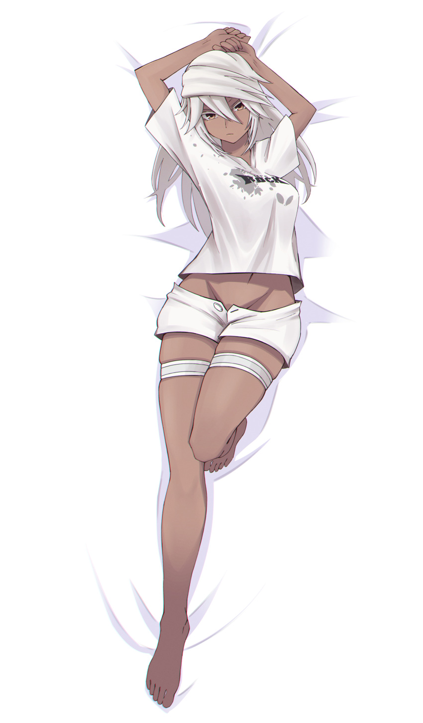 1girl absurdres arms_up bangs barefoot bed bed_sheet clover collarbone crop_top dark-skinned_female dark_skin english_text execneet feet four-leaf_clover guilty_gear guilty_gear_strive guilty_gear_strive_x_tower_records hair_between_eyes hat highres long_hair looking_at_viewer lying midriff navel on_back orange_eyes platinum_blonde_hair ramlethal_valentine shirt solo stomach white_shirt