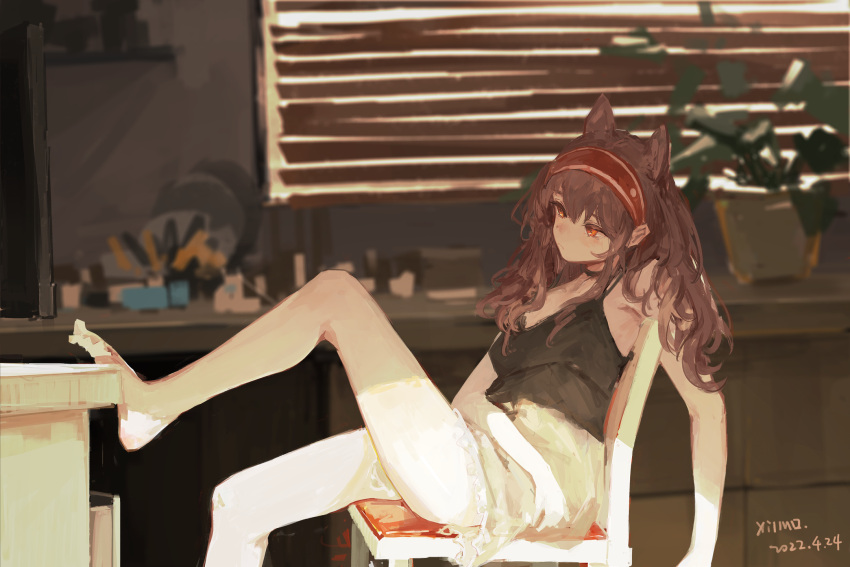 1girl angelina_(arknights) animal_ears arknights bare_shoulders barefoot breasts brown_hair chair hairband highres long_hair plant potted_plant red_eyes sitting tank_top xilmo
