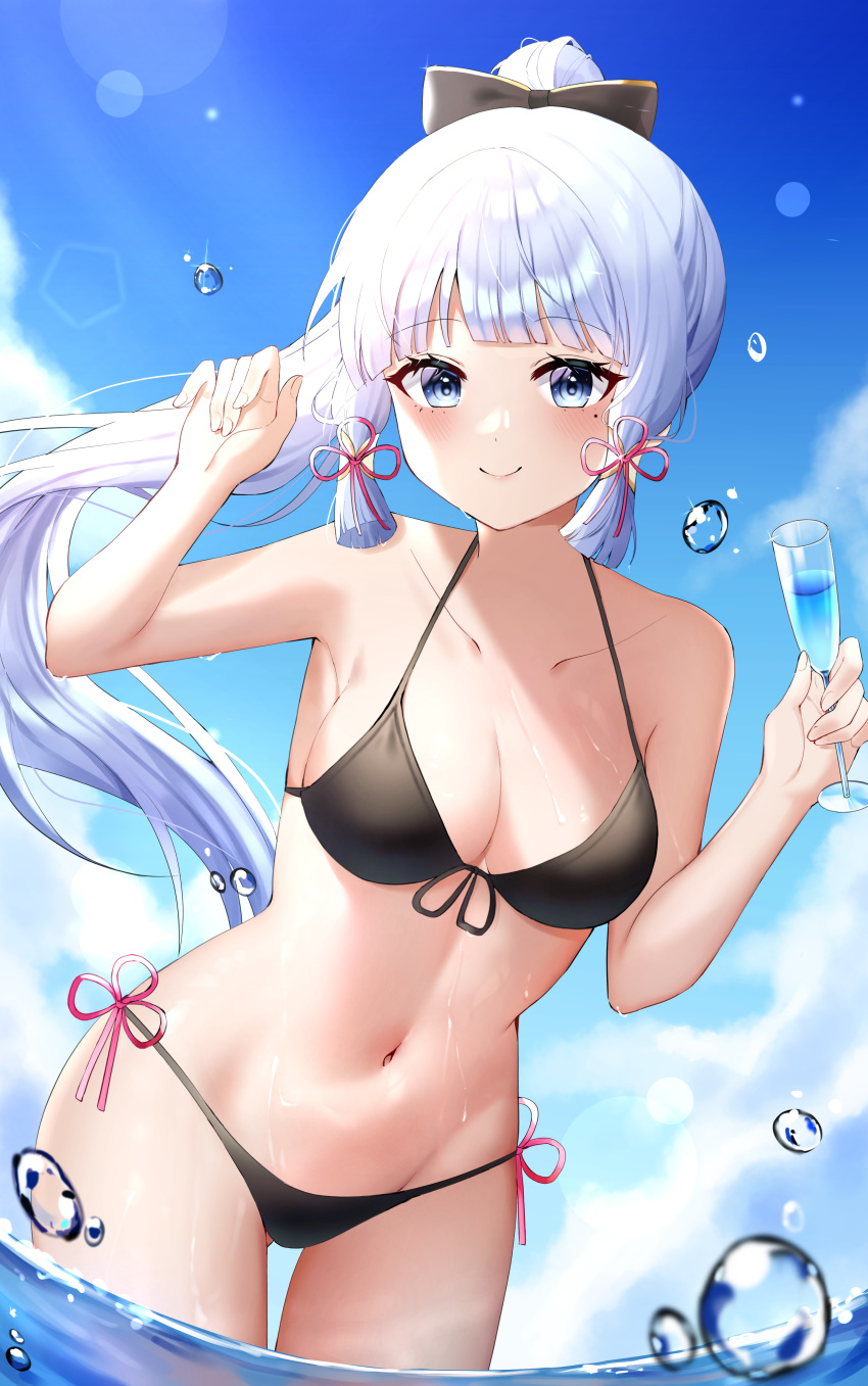 1girl absurdres armpits bare_arms bare_shoulders bikini black_bikini blue_eyes bow breasts cup day drinking_glass educk front-tie_bikini front-tie_top genshin_impact hair_bow hair_ribbon halterneck hands_up highres holding kamisato_ayaka long_hair looking_at_viewer medium_breasts mole mole_under_eye navel outdoors ponytail ribbon side-tie_bikini smile solo stomach string_bikini swimsuit thighs tress_ribbon wading water wet white_hair wine_glass