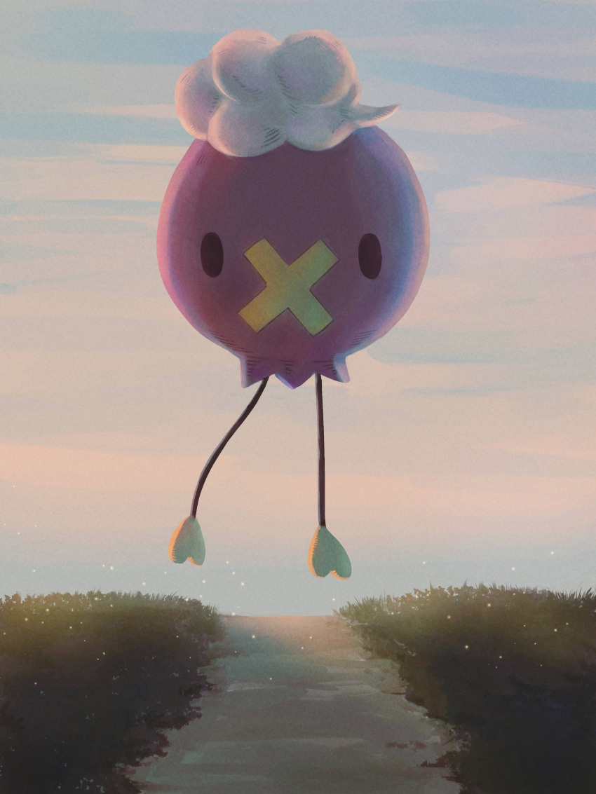 absurdres black_eyes clouds commentary_request day drifloon floating full_body grass highres looking_at_viewer luna_mokamoka no_humans outdoors path pokemon pokemon_(creature) sky solo