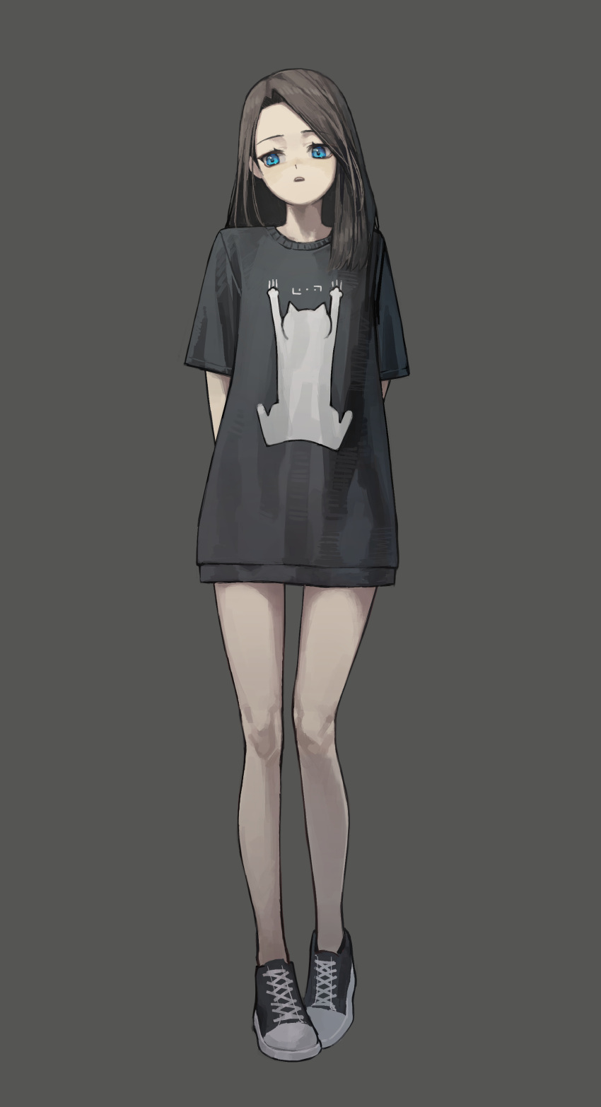 1girl absurdres arms_behind_back bare_legs black_footwear black_shirt blue_eyes brown_background brown_hair commentary full_body highres long_hair looking_to_the_side original parted_lips shirt shoes short_sleeves simple_background sneakers solo yoon_cook