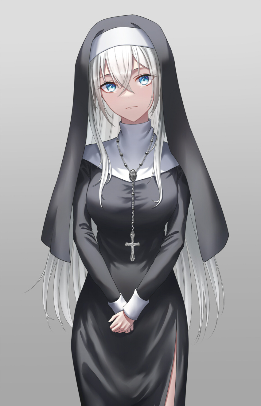 1girl bangs black_dress blue_eyes breasts closed_mouth cowboy_shot cross crossed_bangs dress frown grey_background habit hair_between_eyes highres jewelry large_breasts long_hair long_sleeves looking_at_viewer naga_(pixiv70891418) necklace nun original own_hands_together rosary side_slit sidelocks solo straight_hair turtleneck very_long_hair white_hair