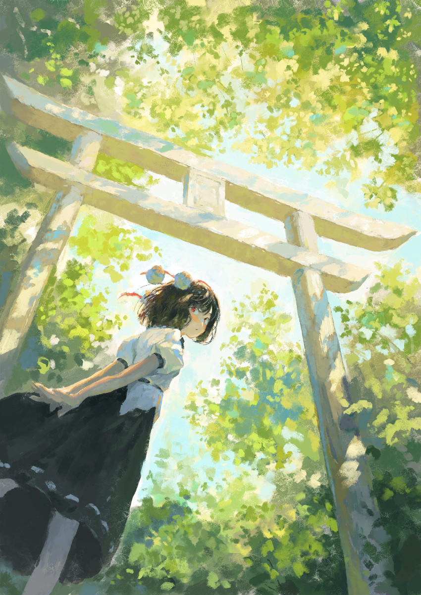 1girl black_hair blue_sky closed_mouth fjsmu hat highres leaf looking_at_viewer outdoors pom_pom_(clothes) puffy_short_sleeves puffy_sleeves red_eyes red_headwear ribbon-trimmed_skirt ribbon_trim shameimaru_aya short_hair short_sleeves sky solo tokin_hat torii touhou