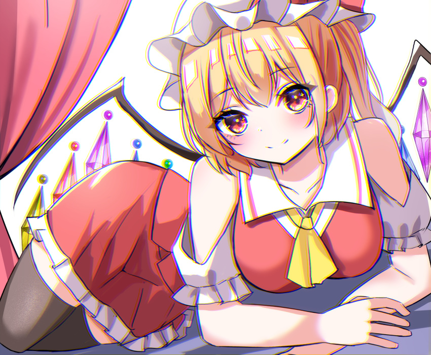 1girl blonde_hair blush bow breasts crystal flandre_scarlet hat hat_ribbon highres kiui_(dagk8254) looking_at_viewer medium_breasts medium_hair mob_cap one_side_up puffy_short_sleeves puffy_sleeves red_bow red_eyes red_ribbon red_skirt red_vest ribbon shirt short_hair short_sleeves skirt solo touhou vest white_shirt wings
