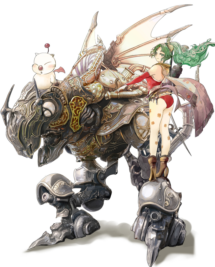 1girl ass boots cape final_fantasy final_fantasy_vi green_eyes green_hair high_heel_boots high_heels highres looking_at_viewer looking_back magitek_armor moogle pantyhose simple_background smile standing tina_branford whiskers wings zi-dabu