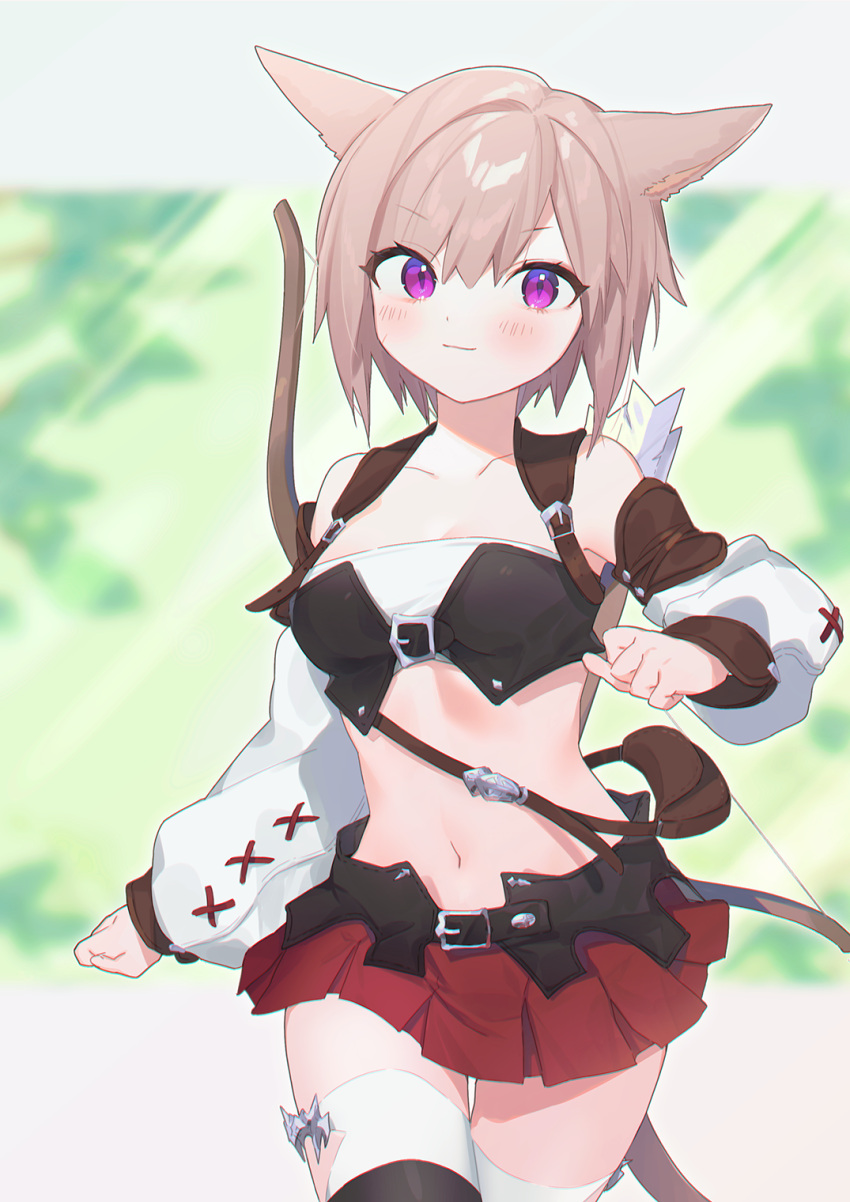 &gt;:) 1girl animal_ears arrow_(projectile) avatar_(ff14) bag belt bow_(weapon) bra breasts brown_hair cat_ears cat_girl cat_tail detached_sleeves final_fantasy final_fantasy_xiv funa_(sakana) highres long_sleeves medium_breasts midriff miqo'te navel pleated_skirt quiver satchel short_hair skirt smile stomach tail thigh-highs underwear v-shaped_eyebrows violet_eyes weapon zettai_ryouiki