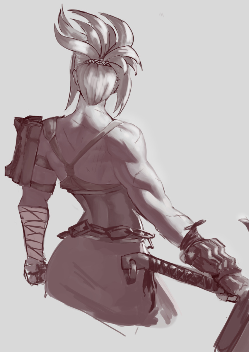 1girl bandaged_arm bandages braid chain from_behind grey_background hair_up highres holding holding_sword holding_weapon league_of_legends medium_hair muscular muscular_female nire_(nirefuster) riven_(league_of_legends) simple_background single_bare_shoulder skirt solo sword weapon
