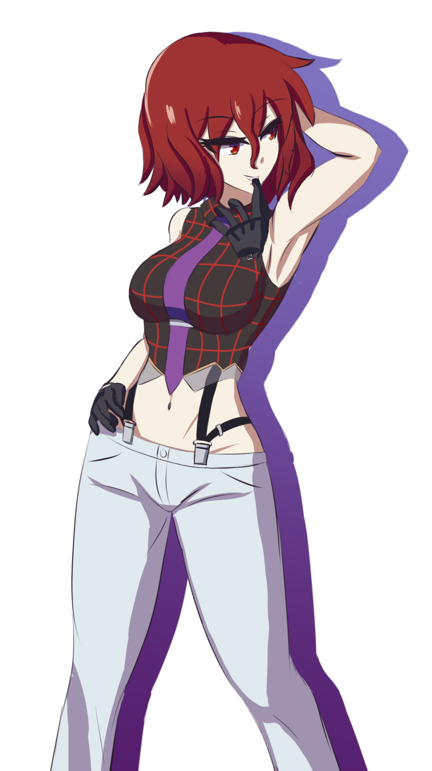 1girl absurdres aohadapeach arm_up armpits black_gloves black_shirt breasts collared_shirt cosplay glove_in_mouth gloves groin highres horikawa_raiko large_breasts looking_to_the_side mouth_hold navel necktie pants plaid plaid_shirt purple_necktie red_eyes redhead shirt short_hair simple_background sleeveless sleeveless_shirt solo standing the_king_of_fighters touhou vanessa_(kof) vanessa_(kof)_(cosplay) white_background white_pants