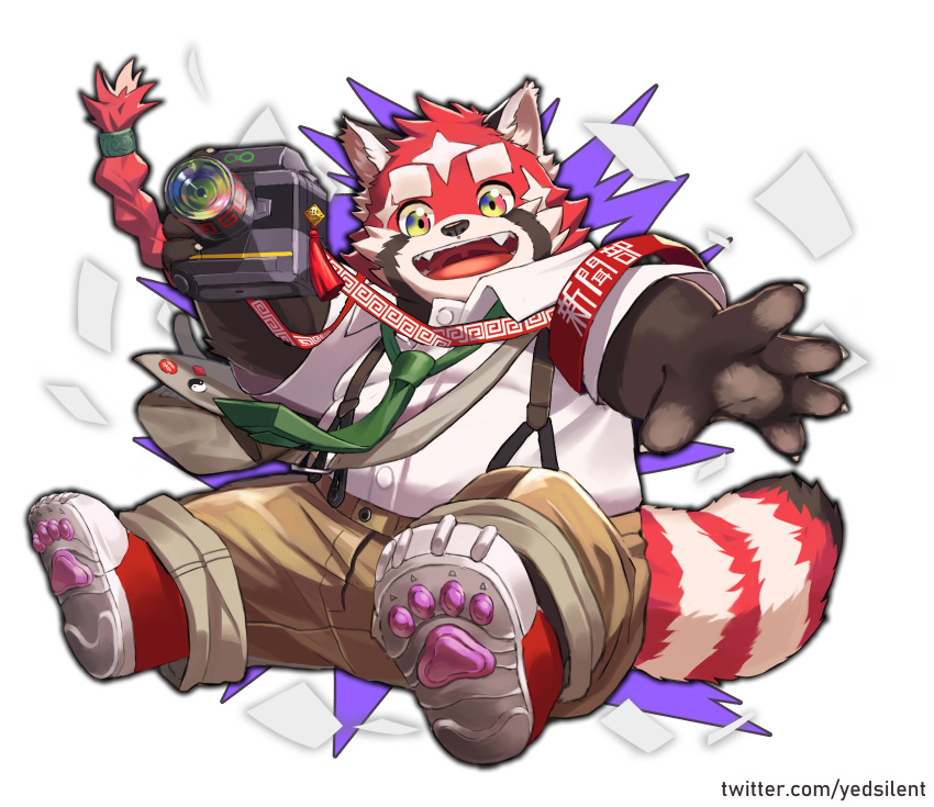 1boy absurdres armband braid brown_fur brown_pants camera claws collared_shirt commentary fangs fangs_out furry furry_male green_necktie highres holding holding_camera male_focus multicolored_fur necktie outline pants red_fur red_panda_boy red_panda_ears red_panda_tail shirt shoes solo suspenders thick_eyebrows tokyo_afterschool_summoners twitter_username white_background white_fur white_shirt yed_(47241538) zhurong_(housamo)