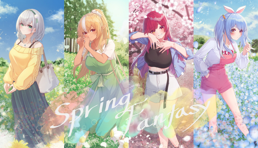 4girls absurdres bag bangs bare_legs belt black_belt black_shirt blonde_hair blue_flower blue_hair blue_jacket blue_skirt blue_sky blurry blurry_background blurry_foreground blush breasts carrot_hair_ornament cherry_blossoms closed_mouth clouds crop_top dark-skinned_female dark_skin day dress elf english_text eyebrows_visible_through_hair feet_out_of_frame field flower flower_field food-themed_hair_ornament green_dress green_eyes grin hair_between_eyes hair_ornament hair_scrunchie hand_in_pocket hands_up heart heart_hands heterochromia high-waist_shorts highres hololive houshou_marine jacket jewelry large_breasts long_hair long_skirt long_sleeves looking_at_viewer medium_hair midriff multicolored_hair multiple_girls off-shoulder_sweater off_shoulder open_clothes open_jacket outdoors overall_shorts overalls petals pinafore_dress pink_flower pointy_ears ponytail red_eyes redhead ring scrunchie shiranui_flare shirogane_noel shirt short_sleeves shorts shoulder_bag silver_hair skirt sky smile standing streaked_hair sweater tang-du thick_eyebrows thighs tree twintails usada_pekora virtual_youtuber wedding_band white_flower white_hair white_shirt white_shorts yellow_eyes yellow_flower yellow_sweater