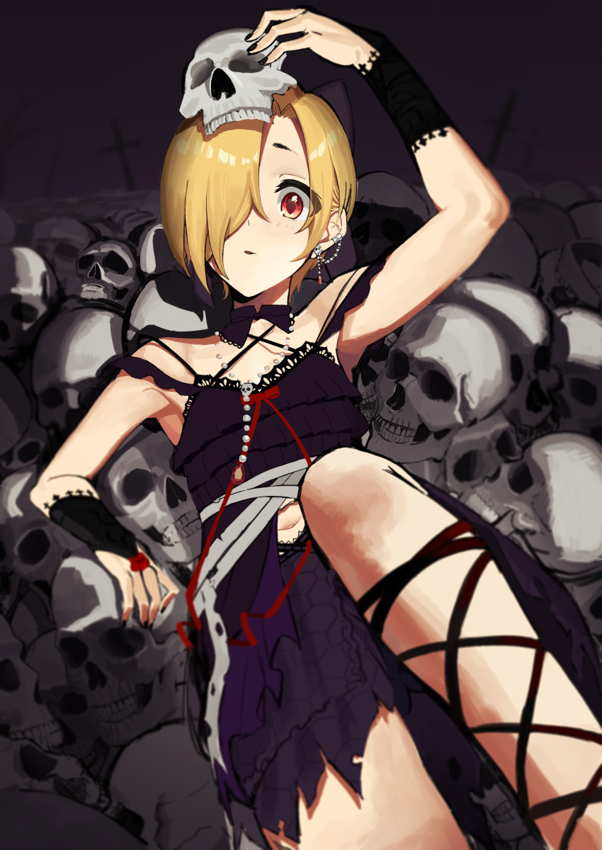 1girl absurdres arm_up blonde_hair bridal_gauntlets cross ear_piercing earrings garuku1120 hair_over_one_eye highres idolmaster idolmaster_cinderella_girls jewelry looking_at_viewer lying midriff navel on_back piercing pile red_eyes shirasaka_koume short_hair skull