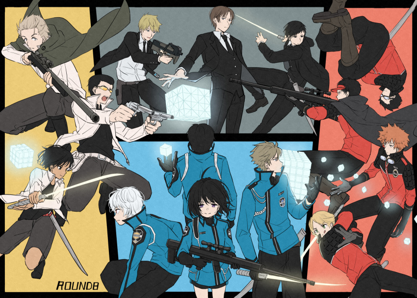 2girls 6+boys :q aiguillette aiming amatori_chika arm_at_side arm_behind_back back-to-back bangs black_border black_footwear black_gloves black_hair black_necktie black_pants black_shirt black_shorts black_vest blonde_hair blue_background blue_eyes blue_jacket boots border brown_hair cape closed_mouth collared_shirt cube dark-skinned_female dark_skin dress_shirt dual_wielding emblem english_text facing_away fighting_stance floating floating_hair floating_object formal frown gloves glowing goggles goggles_around_neck green_cape grey_background grey_cape grey_pants grey_shorts gun hand_up handgun highres holding holding_gun holding_sword holding_weapon holster hyuse ikoma_tatsuhito inukai_sumiharu jacket jacket_lift jumping knee_boots kuga_yuuma kuro_n314 light_brown_hair long_sleeves looking_afar looking_at_viewer looking_away mikumo_osamu minamisawa_kai mizukami_satoshi_(world_trigger) multiple_boys multiple_girls necktie nervous ninomiya_masataka obishima_yukari oki_kouji one_knee open_mouth orange_hair outside_border outstretched_arms pants pants_tucked_in pocket popped_collar profile red_background red_headwear red_jacket rifle shirt shoes short_hair shorts smile sniper_rifle standing suit sweat sword tongue tongue_out tonooka_kazuto tsuji_shinnosuke uniform upside-down vest violet_eyes visor_cap weapon white_hair white_jacket white_shirt world_trigger yellow_background yuba_takuma