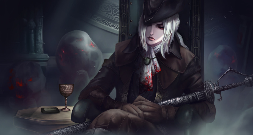1girl absurdres artist_request ascot blood bloodborne cape chair coat gem gloves hat hat_feather highres holding lady_maria_of_the_astral_clocktower long_hair looking_at_viewer ponytail rakuyo_(bloodborne) red_eyes simple_background solo sword the_old_hunters tricorne weapon white_hair