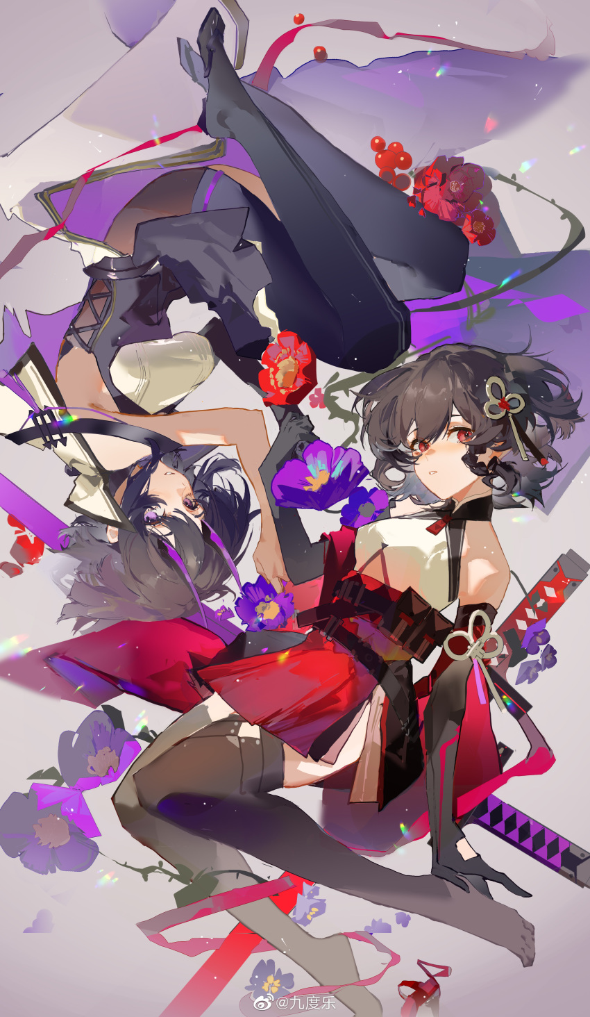 2girls 9degree absurdres aether_gazer bangs bare_back bare_shoulders belt black_gloves black_hair black_legwear braid breasts buzenbo_(aether_gazer) detached_sleeves elbow_gloves flower full_body gloves hair_between_eyes hair_flower hair_ornament highres holding_hands horns japanese_clothes looking_at_viewer medium_breasts multiple_girls open_mouth red_eyes short_hair simple_background sword thigh-highs thighs third-party_edit third-party_watermark tsukuyomi_(aether_gazer) violet_eyes weapon