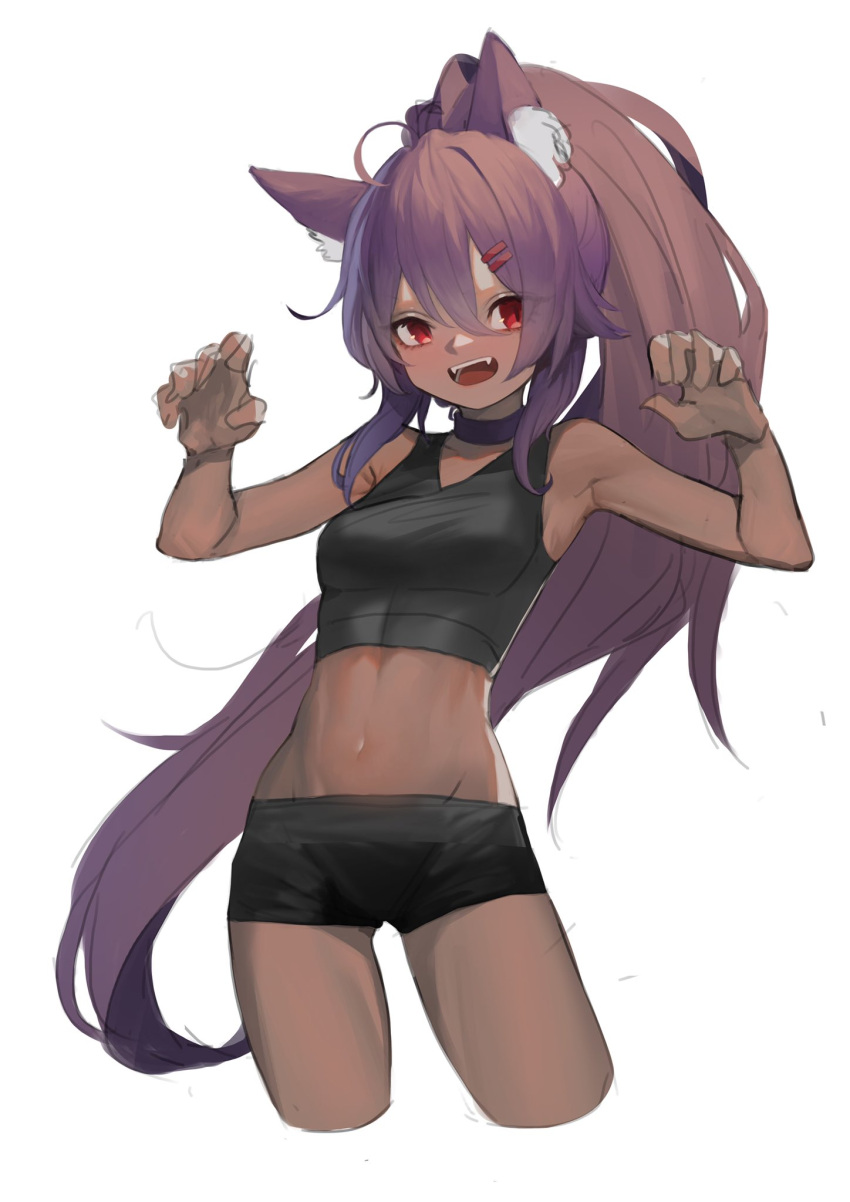 1girl :d ahoge animal_ear_fluff animal_ears armpits bare_arms bare_shoulders black_shorts breasts brown_kemomimi-chan_(krr) choker claw_pose commentary_request crop_top cropped_legs dark-skinned_female dark_skin dungeon_and_fighter fangs hair_between_eyes hair_ornament hairclip heoningu high_ponytail highres korean_commentary linea_alba long_hair medium_breasts midriff navel open_mouth original ponytail purple_choker purple_hair red_eyes short_shorts shorts sidelocks simple_background sleeveless smile solo stomach teeth very_long_hair white_background