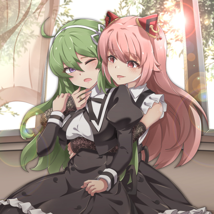 2girls ahoge assault_lily black_legwear black_ribbon black_skirt black_sleeves blurry blurry_background blush bow_hairband breasts buttons clothes_grab collared_shirt cowboy_shot cropped_jacket curtains day detached_sleeves endou_araya eyebrows_visible_through_hair frilled_shirt frilled_skirt frills green_hair hair_between_eyes hair_ribbon hairband hairpods hand_on_another's_arm hand_on_another's_chin hand_up heads_together high-waist_skirt highres hug hug_from_behind indoors jewelry juliet_sleeves kaede_(0025kaede) lace_sleeves lens_flare long_hair long_sleeves looking_at_another looking_at_viewer medium_breasts miniskirt multiple_girls neck_ribbon one_eye_closed open_mouth pantyhose parted_lips pink_hair puffy_sleeves red_eyes ribbon ring school_uniform shirt sitting skirt skirt_grab sleeveless sleeveless_shirt sleeves_past_wrists smile suspenders tanaka_ichi tongue tongue_out tree violet_eyes wavy_hair white_hairband white_ribbon white_shirt window yuri yurigaoka_girls_academy_school_uniform