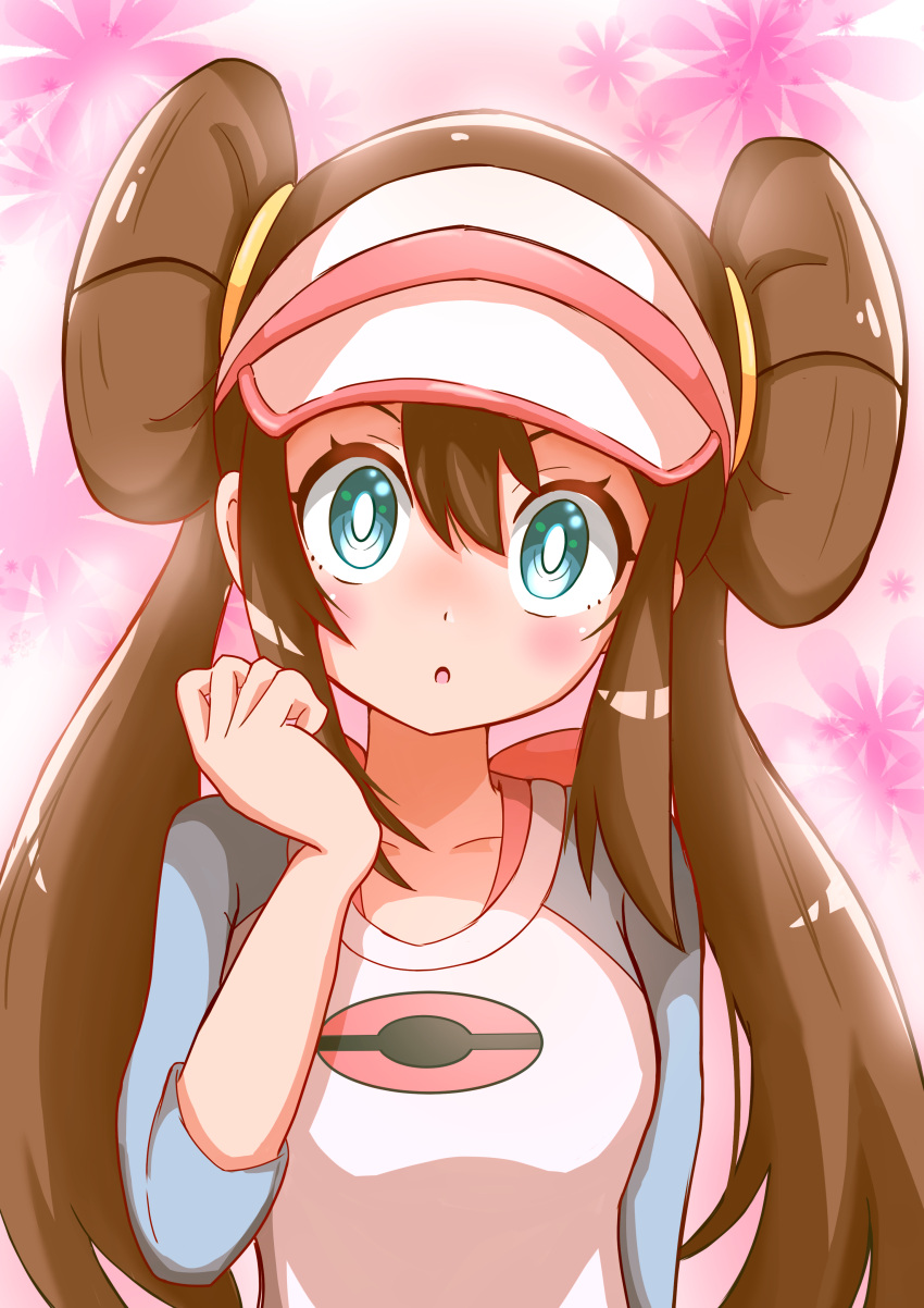 1girl :o absurdres bangs blush bow breasts bright_pupils brown_hair commentary_request double_bun green_eyes hand_up highres long_hair looking_at_viewer pink_bow pokemon pokemon_(game) pokemon_bw2 raglan_sleeves rono_(lethys) rosa_(pokemon) shirt solo twintails upper_body visor_cap white_pupils