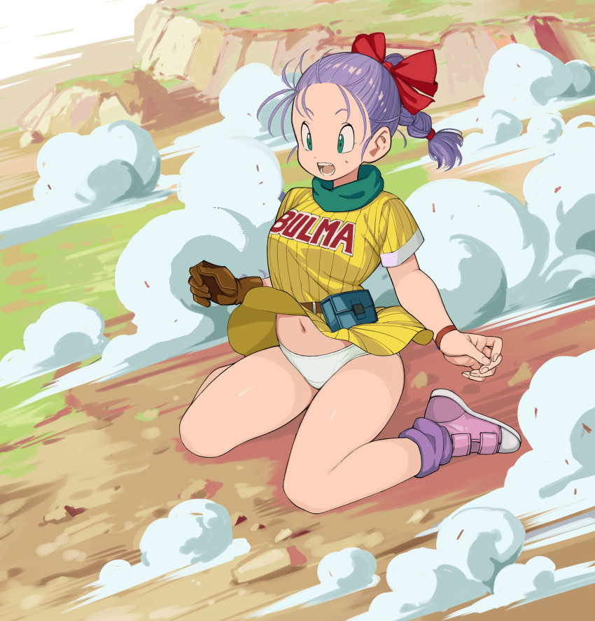 1girl absurdres belt bow bracelet braid bulma character_name clothes_lift dragon_ball dragon_ball_(classic) dust_cloud gloves green_eyes hair_bow highres jewelry loose_socks medium_hair midriff navel open_mouth panties pink_footwear ponytail purple_hair red_bow rokoido12 shirt shirt_lift short_sleeves single_braid single_glove sitting solo surprised sweatdrop t-shirt_dress teeth thighs underwear wariza white_panties yellow_shirt