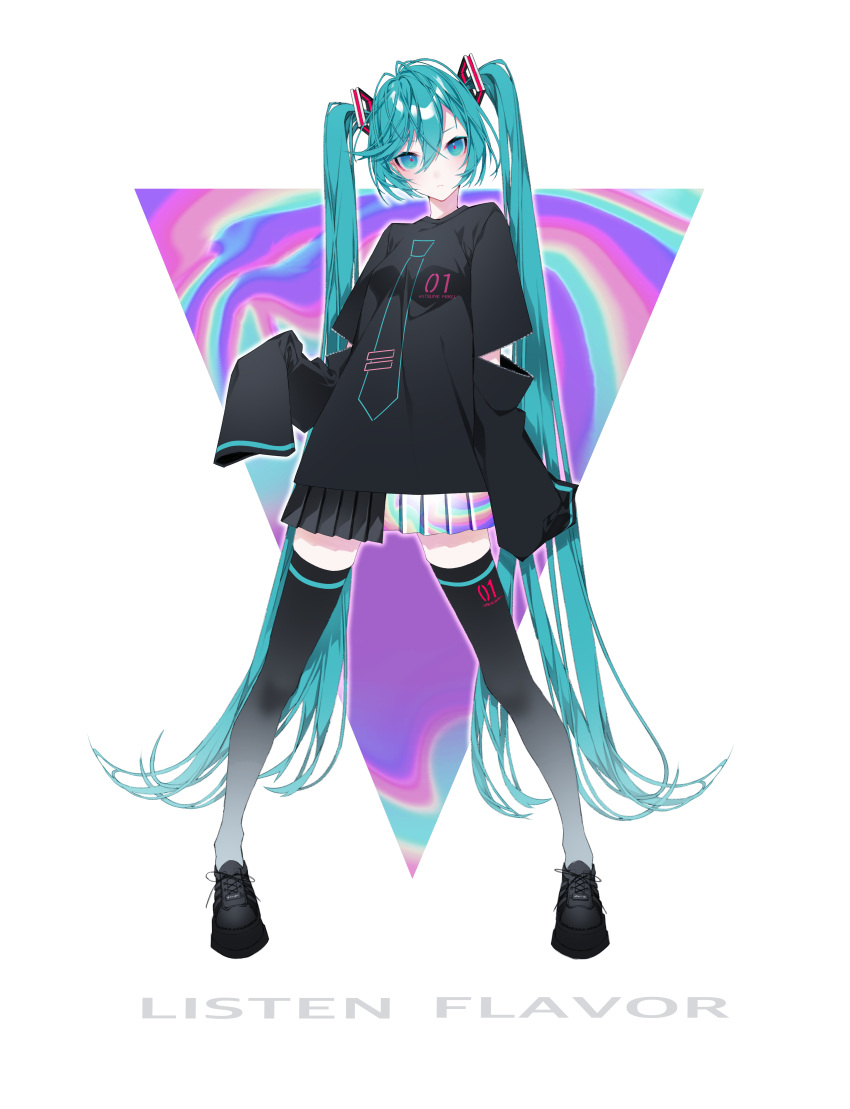 1055 1girl absurdres aqua_eyes aqua_hair black_footwear black_legwear black_shirt black_skirt blue_eyes closed_mouth clothes_writing clothing_cutout cross-laced_footwear english_text frown full_body hair_between_eyes hair_ornament hatsune_miku highres legs_apart long_hair long_sleeves looking_at_viewer miniskirt necktie_print pigeon-toed pleated_skirt print_legwear shirt shoes skirt sleeves_past_fingers sleeves_past_wrists sneakers solo standing t-shirt thigh-highs triangle twintails two-tone_skirt unzipped very_long_hair vocaloid white_background wide_sleeves zettai_ryouiki