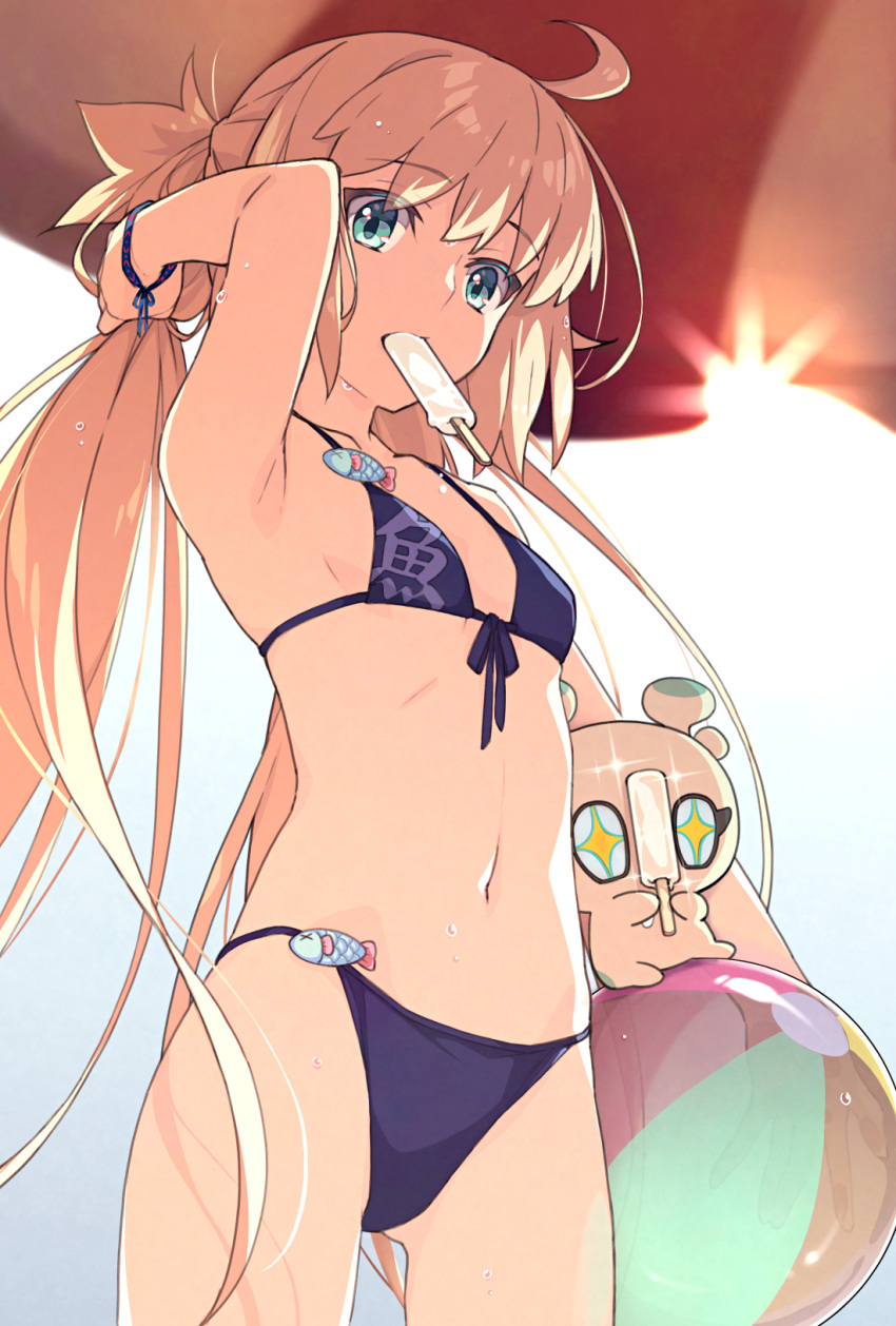 1girl ahoge aqua_eyes artoria_caster_(fate) artoria_pendragon_(fate) ball beachball bikini blonde_hair breasts cowboy_shot fate/grand_order fate_(series) food food_in_mouth highres holding holding_food ice_cream inflatable_toy kon_(fate) long_hair looking_at_viewer melting popsicle saipaco small_breasts solo swimsuit