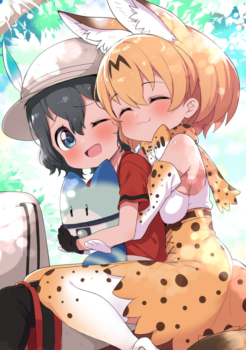 2girls animal_ears backpack bag black_eyes black_gloves black_hair black_legwear blush bow bowtie closed_eyes collar extra_ears gloves hair_between_eyes hat_feather helmet high-waist_skirt highres hug hug_from_behind japari_symbol kaban_(kemono_friends) kemono_friends looking_at_another lucky_beast_(kemono_friends) multiple_girls one_eye_closed open_mouth orange_bow orange_bowtie pantyhose pith_helmet print_bow print_bowtie print_gloves print_skirt ransusan red_shirt serval_(kemono_friends) serval_print shirt short_hair shorts skirt smile striped_tail tail traditional_bowtie two-tone_bowtie wavy_hair white_bow white_bowtie