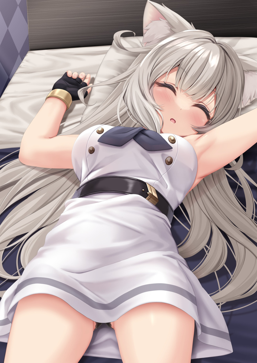 1girl absurdres animal_ears armpits arms_up asymmetrical_legwear bed black_panties blush commentary_request fingerless_gloves gloves highres neo-porte outstretched_arms panties platinum_blonde_hair sleeping solo spread_arms strelka_belca underwear virtual_youtuber yozuna_niu