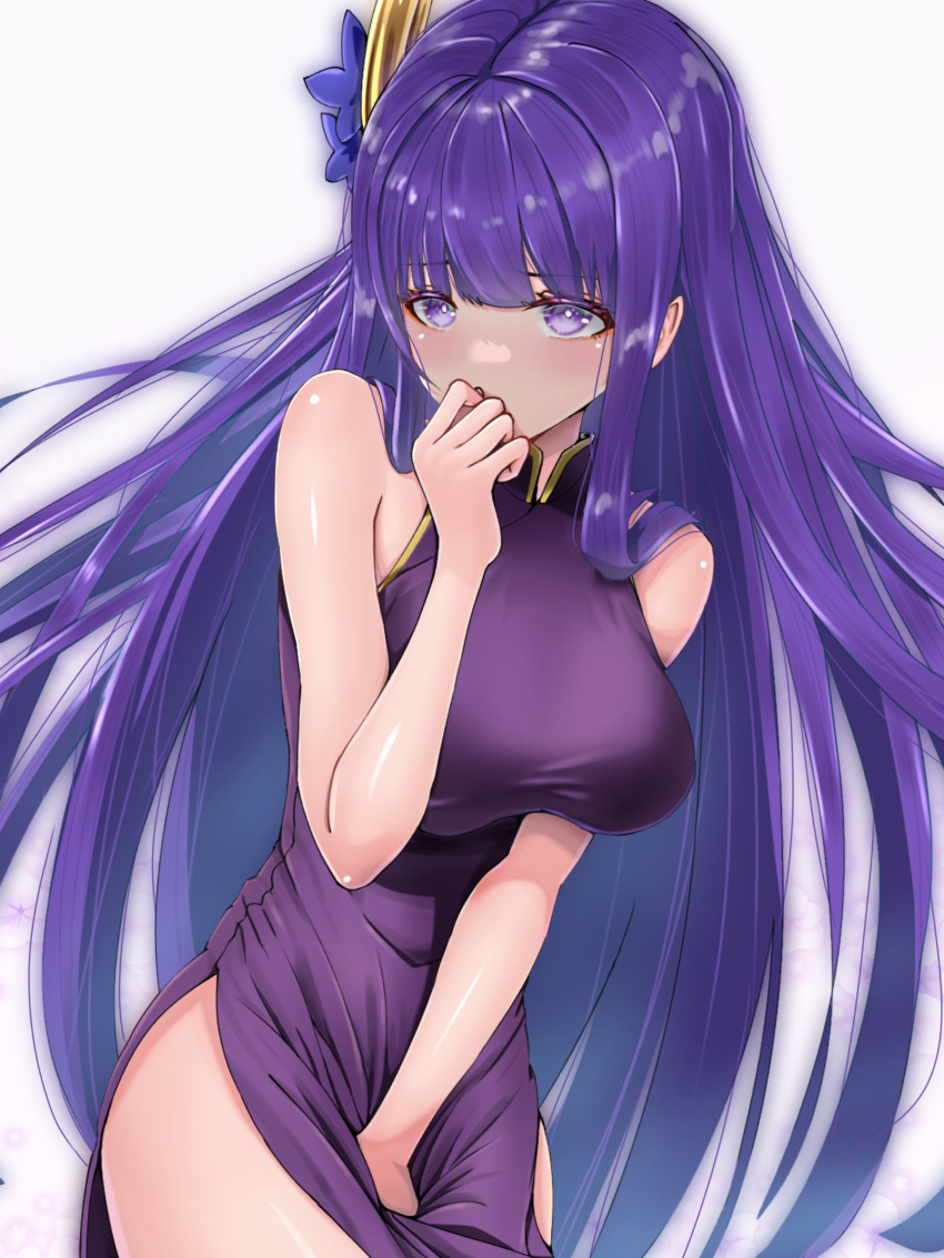 1girl absurdres bananafish1111 bangs bare_shoulders blunt_bangs breasts china_dress chinese_clothes covered_mouth dress flower genshin_impact hair_flower hair_ornament highres hime_cut japanese_clothes large_breasts long_hair looking_to_the_side purple_dress purple_hair raiden_shogun simple_background sleeveless sleeveless_dress violet_eyes white_background