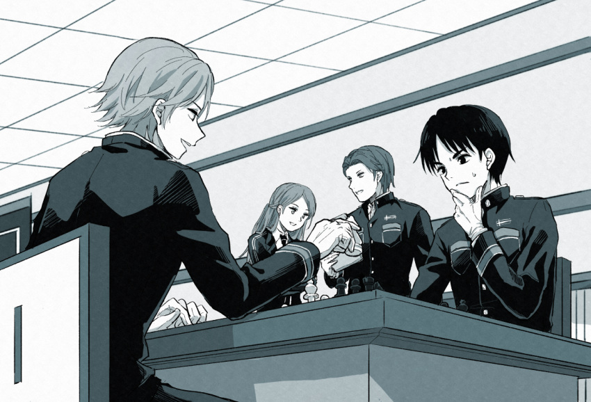 bangs breast_pocket chess_piece collared_shirt gloves half_updo hand_on_own_chin hand_up holding indoors jacket kashio_yutaka kittaka_haya kurauchi_kazuki kuro_n314 long_hair long_sleeves looking_at_another looking_away looking_down looking_to_the_side monochrome necktie open_mouth ouji_kazuaki parted_bangs playing_games pocket shirt short_hair smile stroking_own_chin sweatdrop table thinking uniform wall world_trigger