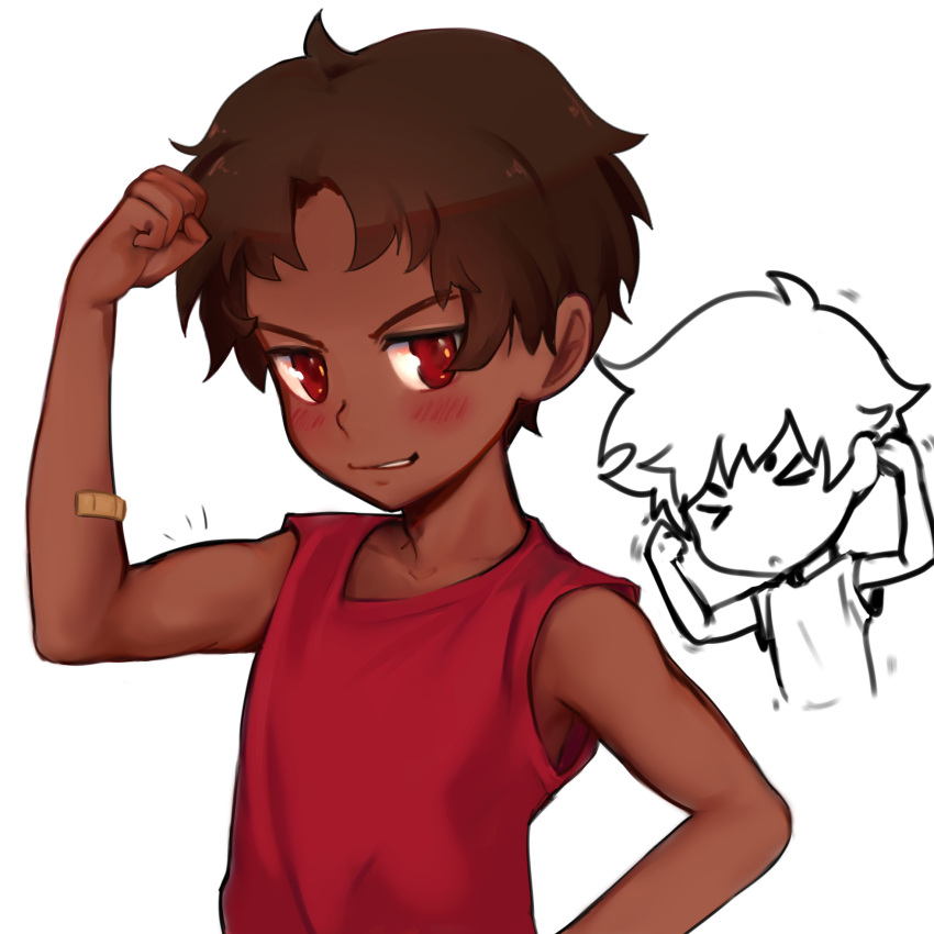 &gt;_&lt; 1boy antenna_hair b_wb bandaid bandaid_on_arm bangs bare_shoulders black_hair blush clenched_hand closed_eyes commentary_request dark-skinned_male dark_skin highres looking_at_viewer male_focus muscular muscular_shota original red_eyes simple_background sketch smile smirk solo teeth upper_body white_background