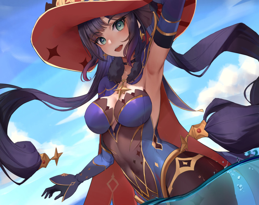 1girl :d aqua_eyes arm_up armpits black_choker black_legwear breasts choker dutch_angle dylanlin genshin_impact hat highres leotard looking_at_viewer medium_breasts mona_(genshin_impact) outdoors pantyhose partially_submerged purple_hair smile solo upper_body water witch_hat
