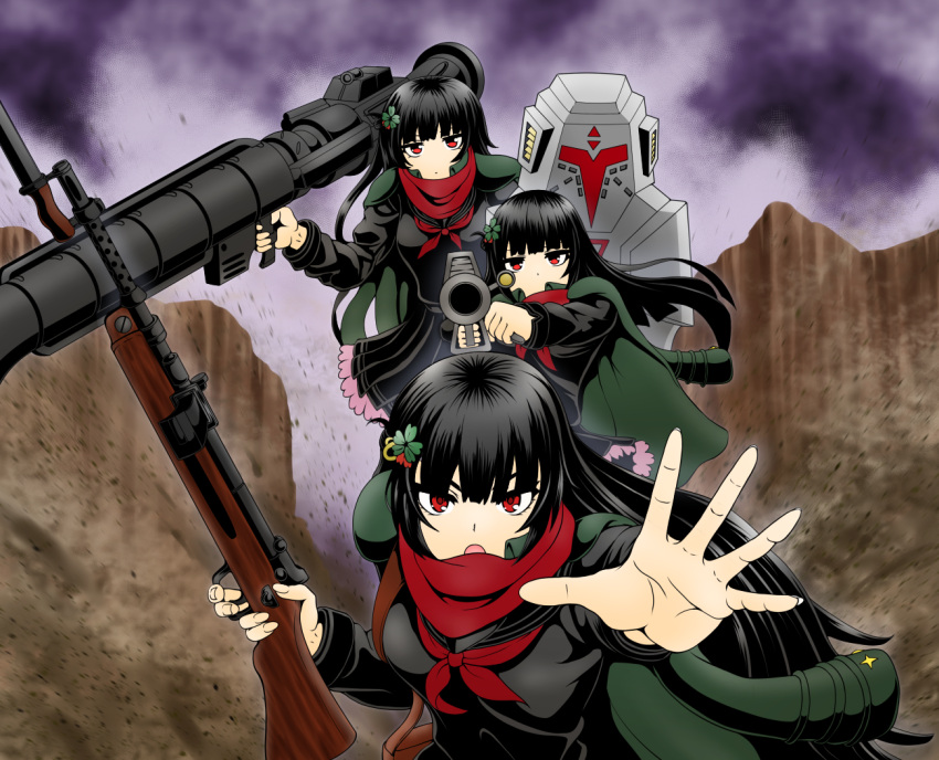 3girls bangs battle_rifle black_dress black_hair closed_mouth dress eyebrows_visible_through_hair flower girls_frontline gun hair_flower hair_ornament hairclip holding holding_gun holding_weapon long_hair looking_at_viewer multiple_girls multiple_persona open_mouth ouga_(user_ctzw2237) red_eyes red_scarf rifle scarf simple_background standing submachine_gun type_100 type_100_(girls'_frontline) weapon