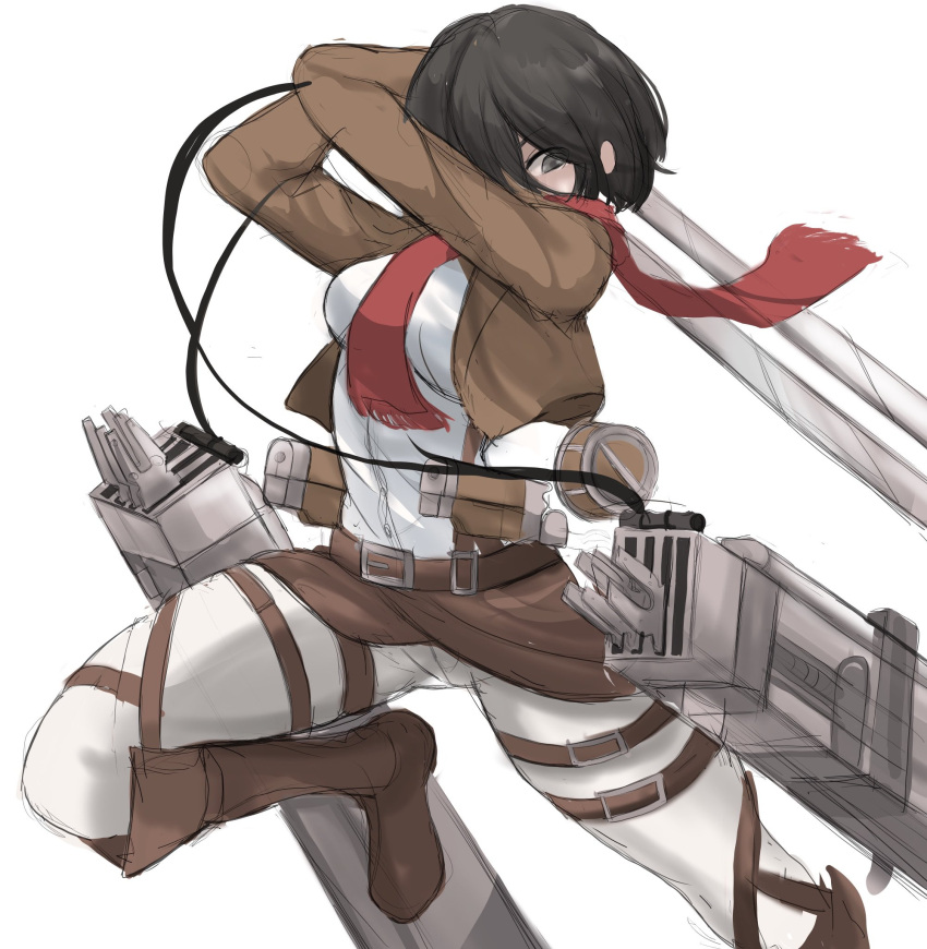 1girl arms_up black_eyes black_hair boots breasts brown_footwear brown_jacket dual_wielding hair_over_one_eye highres holding jacket knee_boots medium_breasts mikasa_ackerman pants paradis_military_uniform rakeemspoon red_skirt shingeki_no_kyojin shirt skirt solo sword three-dimensional_maneuver_gear weapon white_background white_pants white_shirt