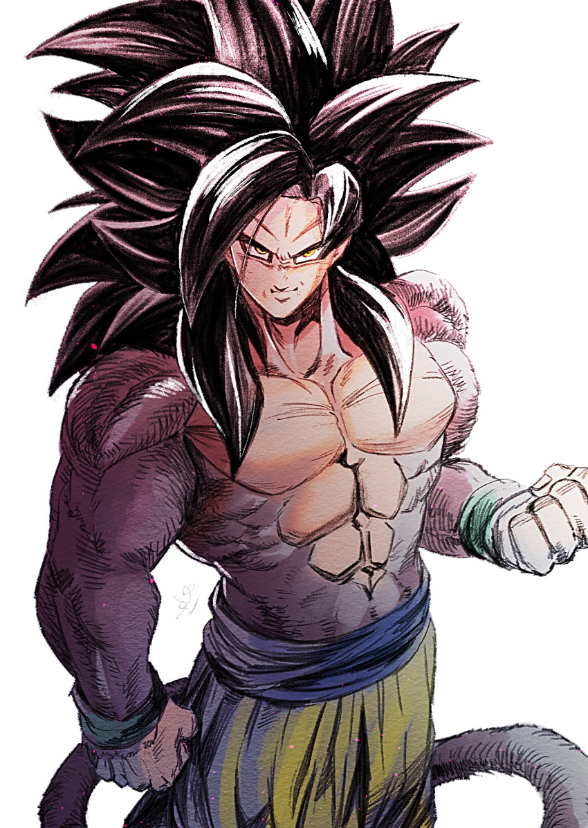 1boy bangs bare_arms bare_shoulders black_hair body_fur dragon_ball dragon_ball_gt highres looking_at_viewer monkey_boy monkey_tail muscular muscular_male no_nipples pants red_fur saiyan smile son_goku spiky_hair super_saiyan super_saiyan_4 tail topless_male yellow_eyes yellow_pants yuuri_(fukuroudou)