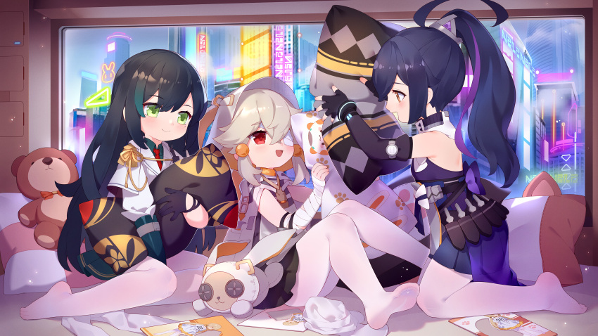 3girls :d absurdres ahoge bandaged_arm bandages bangs bare_shoulders beads black_gloves black_hair blonde_hair button_eyes character_request commentary elbow_gloves eyebrows_visible_through_hair eyepatch fingerless_gloves full_body gloves green_eyes hair_beads hair_between_eyes hair_ornament highres holding holding_pillow indoors kneeling light_brown_eyes long_hair looking_at_another multicolored_hair multiple_girls no_shoes open_mouth pantyhose pillow pillow_fight ponytail purple_hair red_eyes short_hair sitting smile streaked_hair stuffed_animal stuffed_bunny stuffed_toy teddy_bear tower_of_fantasy tsubasa_tsubasa two-tone_hair very_long_hair white_legwear window