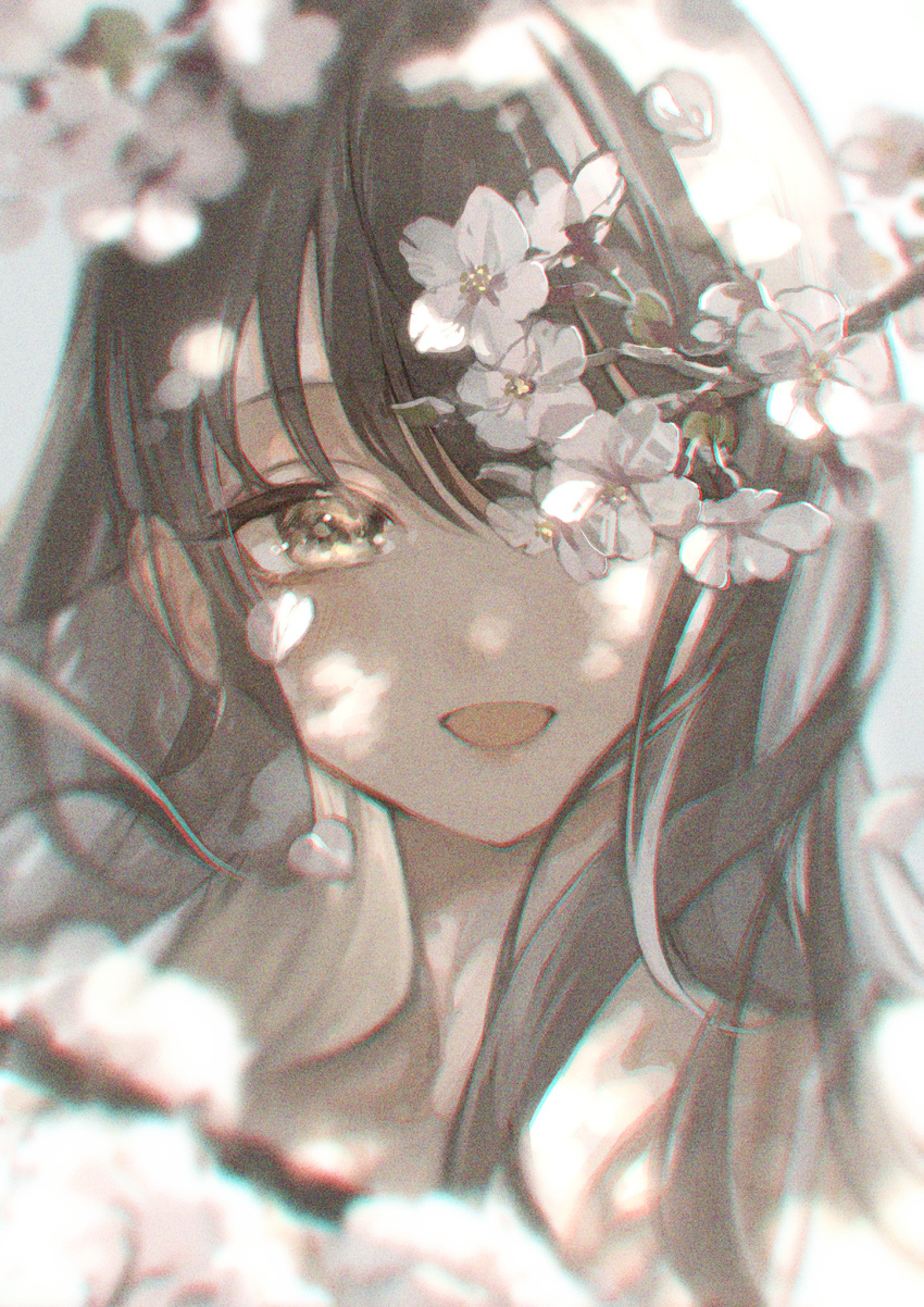 1girl :d bangs black_hair blush branch cherry_blossoms commentary_request dappled_sunlight day happy highres long_hair looking_at_viewer marutani nature one_eye_covered original petals portrait smile solo spring_(season) sunlight yellow_eyes