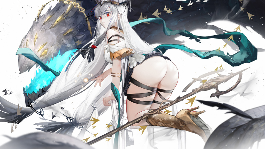1girl arknights ass bangs black_skirt boots bracelet breasts floating_hair from_behind full_body hat high_heel_boots high_heels highres jewelry large_breasts long_hair looking_at_viewer looking_back parted_lips red_eyes shirt skadi_(arknights) skadi_the_corrupting_heart_(arknights) skadi_the_corrupting_heart_(sublimation)_(arknights) skirt solo staff thigh_strap very_long_hair white_hair white_shirt yuuki_mix