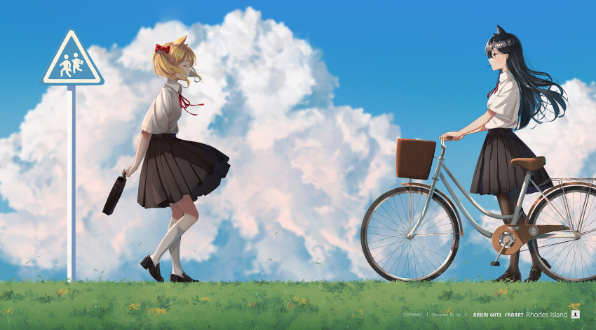 2girls alternate_costume animal_ear_fluff animal_ears arknights artist_name bag bicycle bicycle_basket black_footwear black_hair black_legwear black_skirt blonde_hair blue_sky bow brown_eyes closed_eyes closed_mouth collared_shirt day food from_side full_body grass ground_vehicle hair_bow highres holding holding_bag kneehighs loafers looking_at_another medium_skirt mouth_hold multiple_girls no_tail outdoors pantyhose pleated_skirt pocky red_bow road_sign school_briefcase shirt shoes short_hair short_sleeves short_twintails sign sin. skirt sky smile sora_(arknights) texas_(arknights) twintails walking walking_backwards white_legwear white_shirt wolf_ears