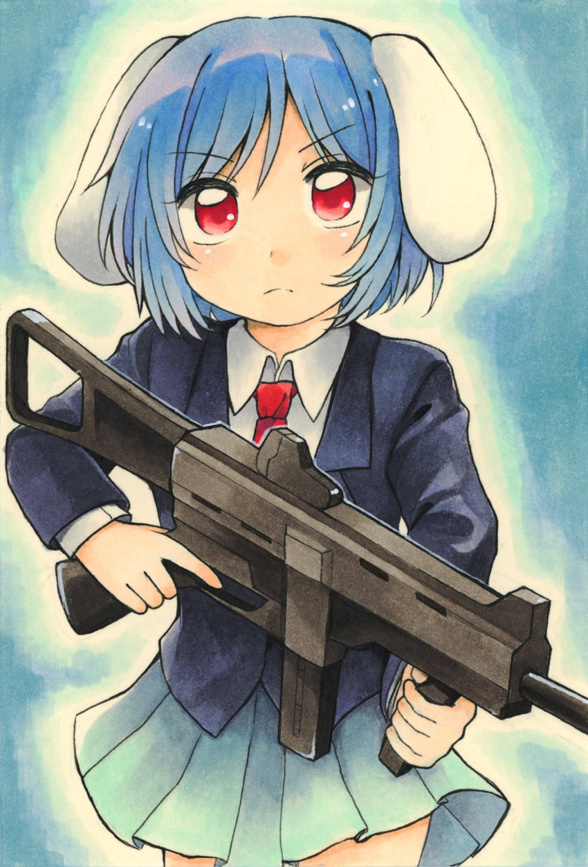 1girl animal_ears blazer blue_hair blue_jacket blue_skirt closed_jacket closed_mouth collared_shirt commentary_request eyebrows_visible_through_hair floppy_ears gun h&amp;k_ump h&amp;k_ump45 heckler_&amp;_koch highres jacket long_sleeves maa_(forsythia1729) marker_(medium) necktie pleated_skirt rabbit_ears rabbit_girl red_eyes red_necktie reisen_(touhou_bougetsushou) serious shirt short_hair skirt submachine_gun touhou traditional_media v-shaped_eyebrows weapon white_shirt