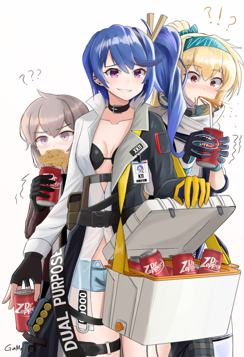 !? 3girls ? ?? blush can character_name cooler dr_pepper drink drinking drinking_straw foaming_at_the_mouth gamryous girls_frontline highres id_card k11_(girls'_frontline) m200_(girls'_frontline) multiple_girls smug soda soda_can spit_take spitting sv-98_(girls'_frontline)