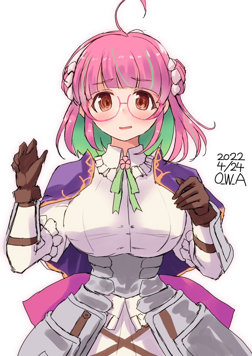 1girl ahoge alternate_hairstyle armor armored_dress artist_name breasts brown_gloves commentary_request cosplay dated double_bun dress gloves green_hair highres kantai_collection large_breasts looking_at_viewer multicolored_hair namesake one-hour_drawing_challenge owa_(ishtail) pink-framed_eyewear pink_hair red_eyes short_hair simple_background solo streaked_hair ume_(flower_knight_girl) ume_(flower_knight_girl)_(cosplay) ume_(kancolle) upper_body white_background white_dress