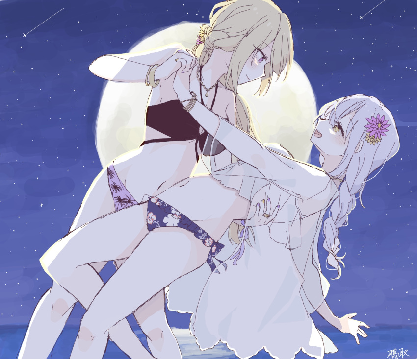 2girls assault_lily blonde_hair blush bracelet commentary_request eyebrows_visible_through_hair flower hair_flower hair_ornament highres holding_hands interlocked_fingers jewelry karasuto kon_kanaho miyagawa_takane moon multicolored_nails multiple_girls nail_polish navel necklace night night_sky open_mouth outdoors purple_nails ring shooting_star sky star_(sky) starry_sky teeth tongue upper_teeth violet_eyes yellow_eyes yellow_nails yuri