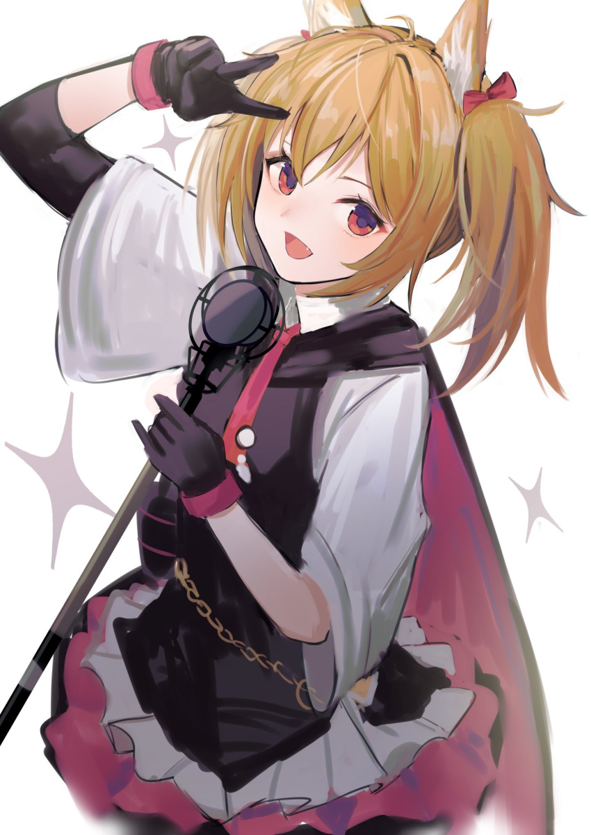 1girl :d animal_ear_fluff animal_ears arknights arm_up azuazu_0405 bangs black_cape black_gloves black_vest blonde_hair cape cowboy_shot fang gloves highres holding holding_microphone layered_skirt looking_at_viewer microphone open_mouth pink_skirt red_eyes shirt short_hair short_sleeves short_twintails simple_background skirt smile solo sora_(arknights) sparkle twintails two-tone_skirt v vest white_background white_shirt white_skirt wolf_ears