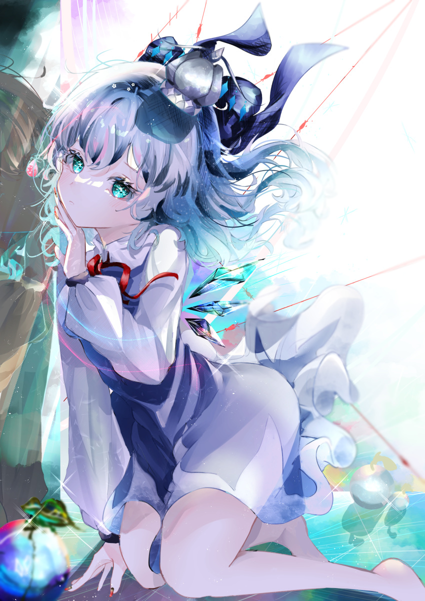 1girl absurdres adapted_costume arm_support backlighting barefoot bloom blue_dress cirno dress expressionless eyebrows_behind_hair floating_hair fura_(wind_rahu) hair_between_eyes hand_up hat highres ice ice_wings long_hair long_sleeves looking_at_viewer nail_polish neck_ribbon overexposure puffy_long_sleeves puffy_sleeves red_ribbon ribbon shirt solo touhou wings