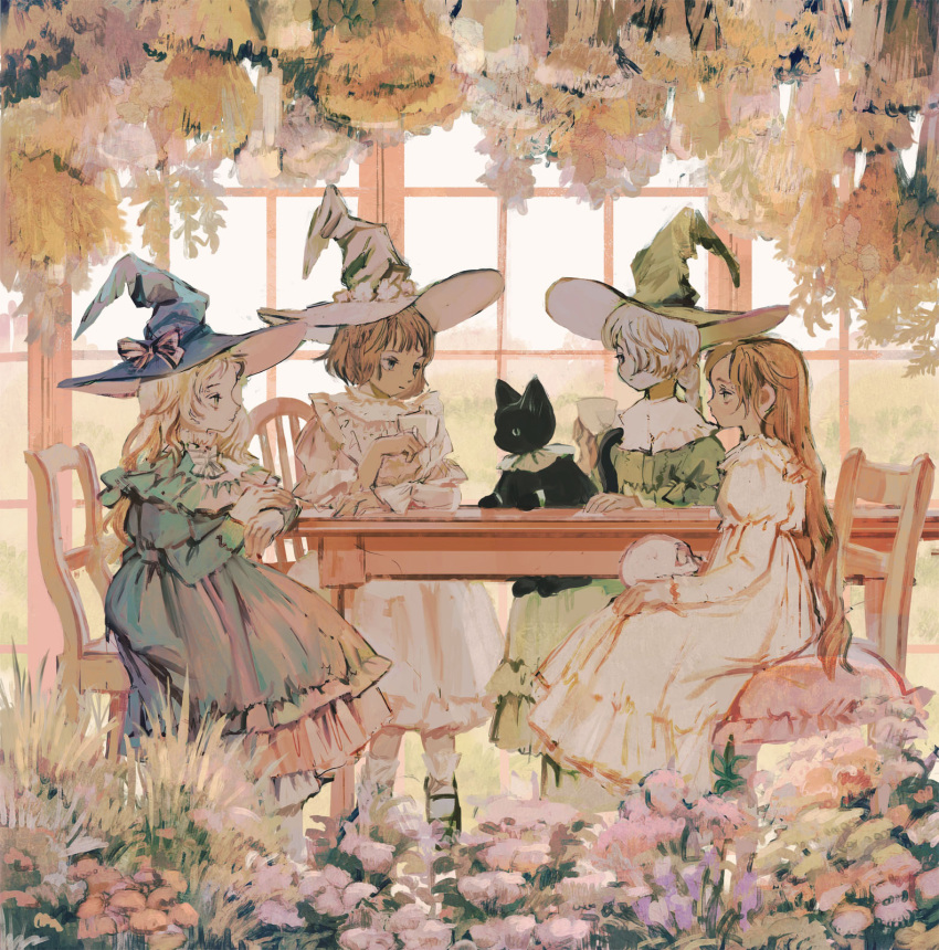 1other 4girls black_cat black_footwear blonde_hair broom broom_riding cat chair commentary day dress english_commentary floating hair_over_one_eye hat highres holding long_dress long_hair long_sleeves looking_at_another magic morning multiple_girls original redhead sitting skull table tea tono_(rt0no) white_hair window witch witch_hat