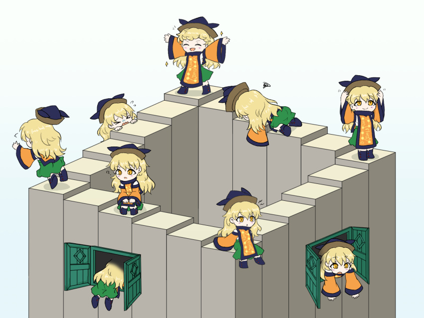 &gt;_&lt; :o ? arms_up bangs blonde_hair boots chibi constellation_print crying detached_sleeves door eyebrows_visible_through_hair falling green_skirt hat highres kneeling long_hair long_skirt matara_okina multiple_girls razania simple_background sitting skirt stairs tabard touhou white_background yellow_eyes